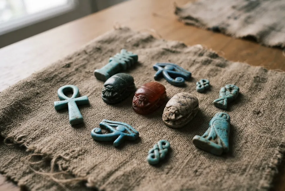 Detalle de amuletos egipcios de piedra y faenza con formas de escarabajo y anj sobre tela texturada