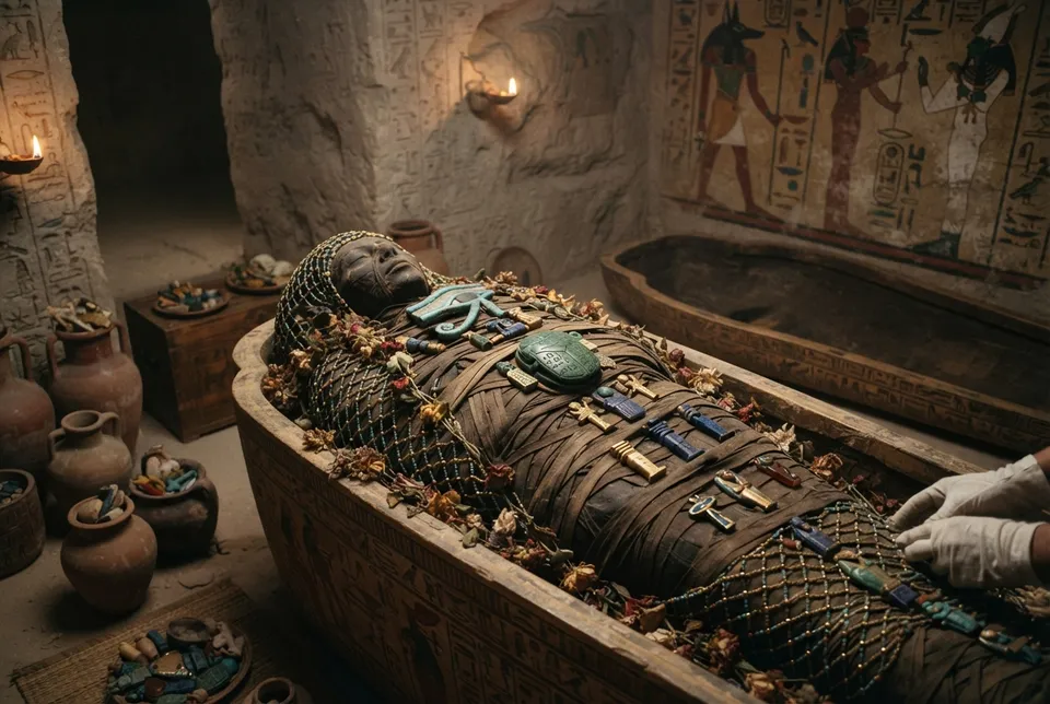 Ilustración histórica de momia egipcia con amuletos de escarabajo y ojo de Horus entre los vendajes