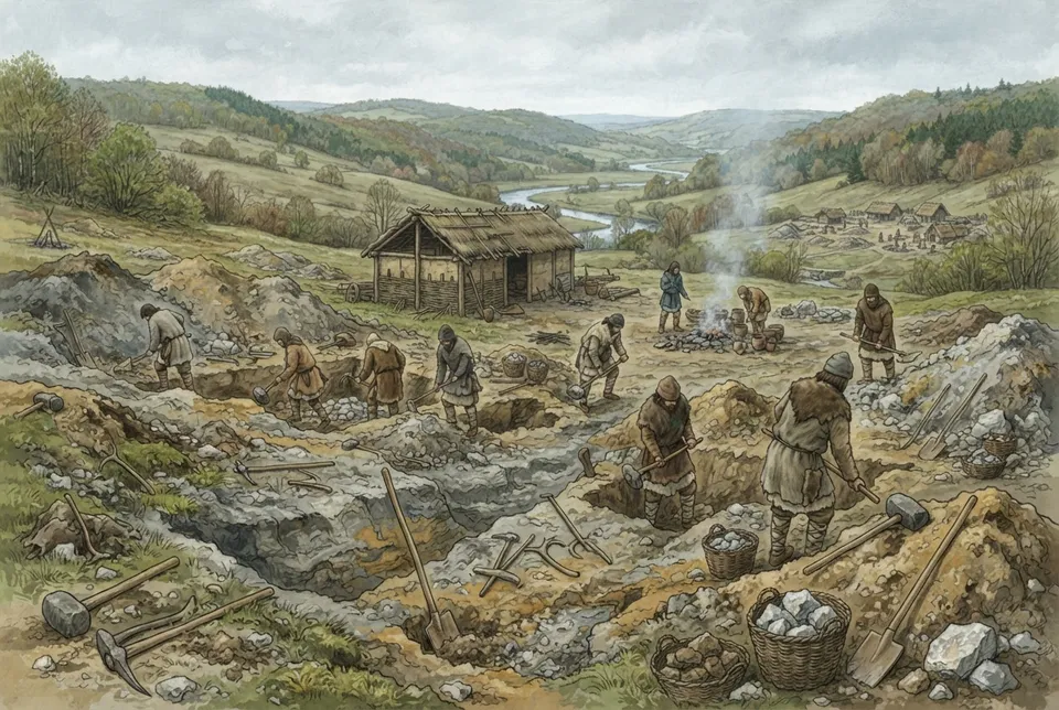 Representación de una antigua mina de sal en Europa con herramientas primitivas y paisaje natural
