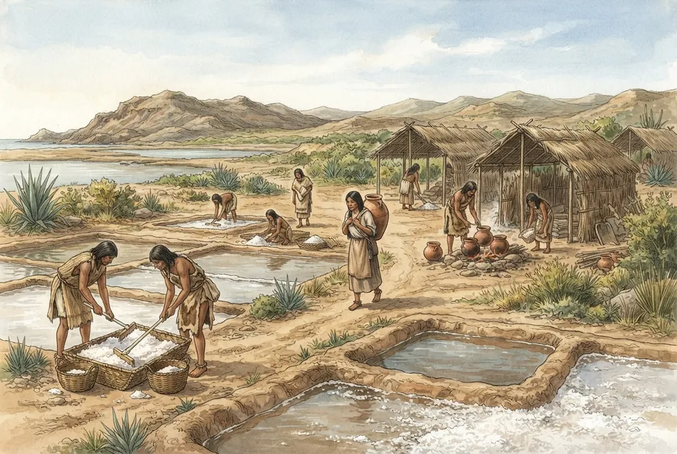 Representación de sitio prehistórico de producción de sal en América con piscinas de evaporación