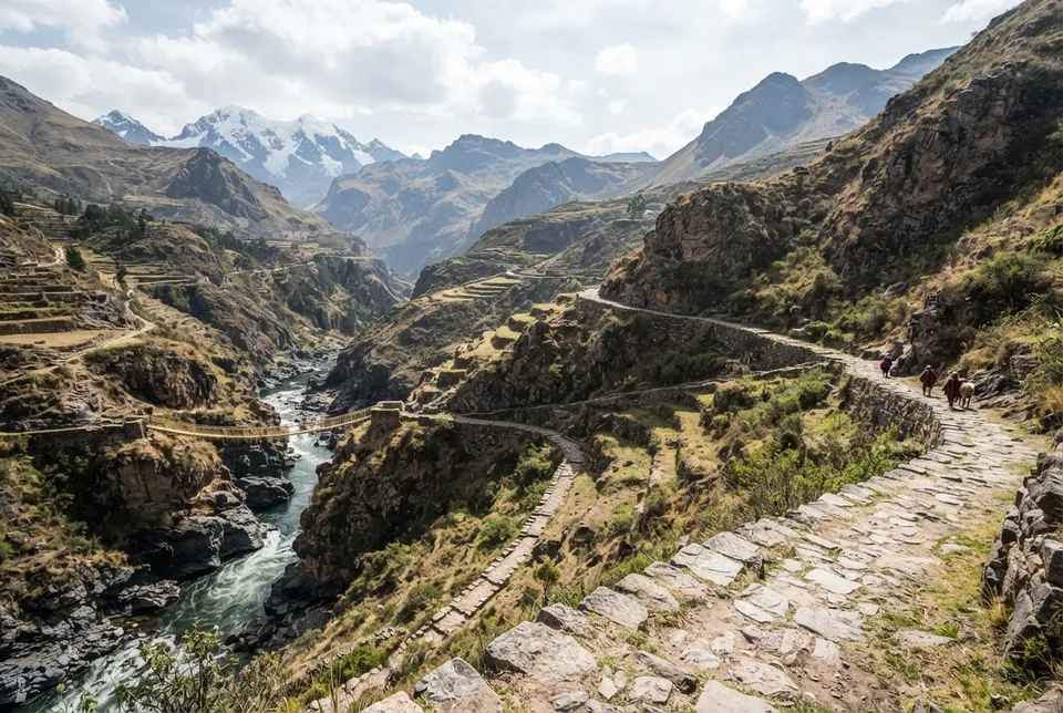 Vista aérea realista de un tramo del sistema de caminos incas atravesando las montañas andinas