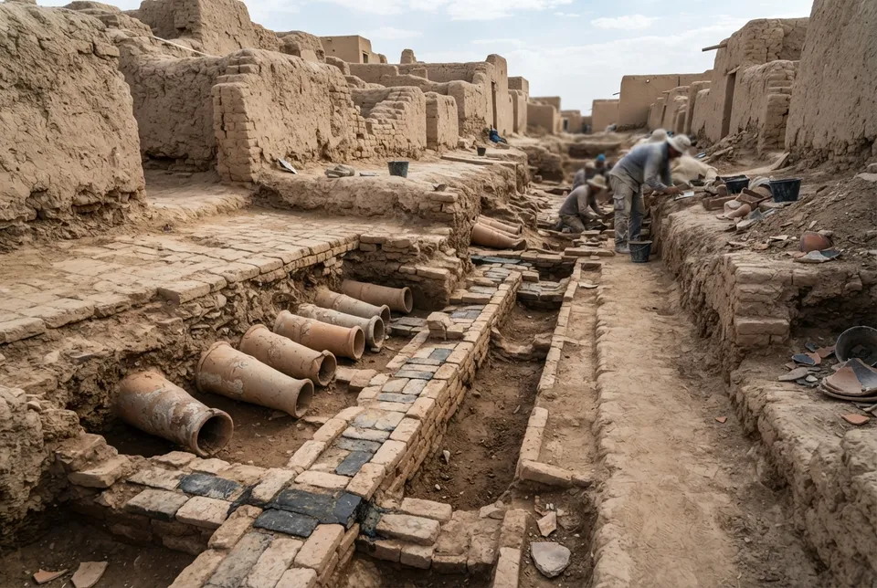 Detalle de sistema de alcantarillado con tuberías de barro y canales pavimentados en Mesopotamia