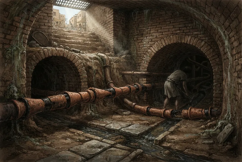 Tuberías subterráneas y sistema de alcantarillado en ciudad mesopotámica antigua