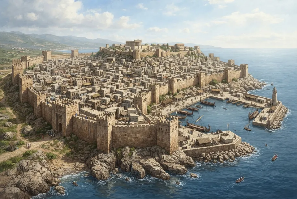 Ruinas y reconstrucción histórica de las murallas y torres de la ciudad fenicia de Byblos junto al mar Mediterráneo.