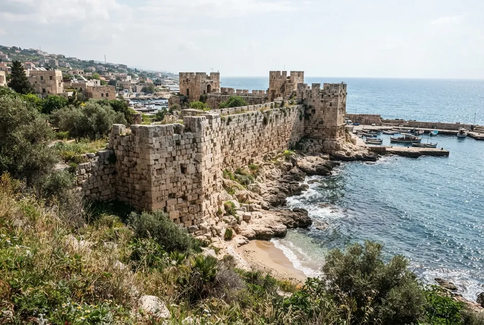 Murallas y torres defensivas de Byblos construidas con grandes bloques de piedra caliza en la costa mediterránea.