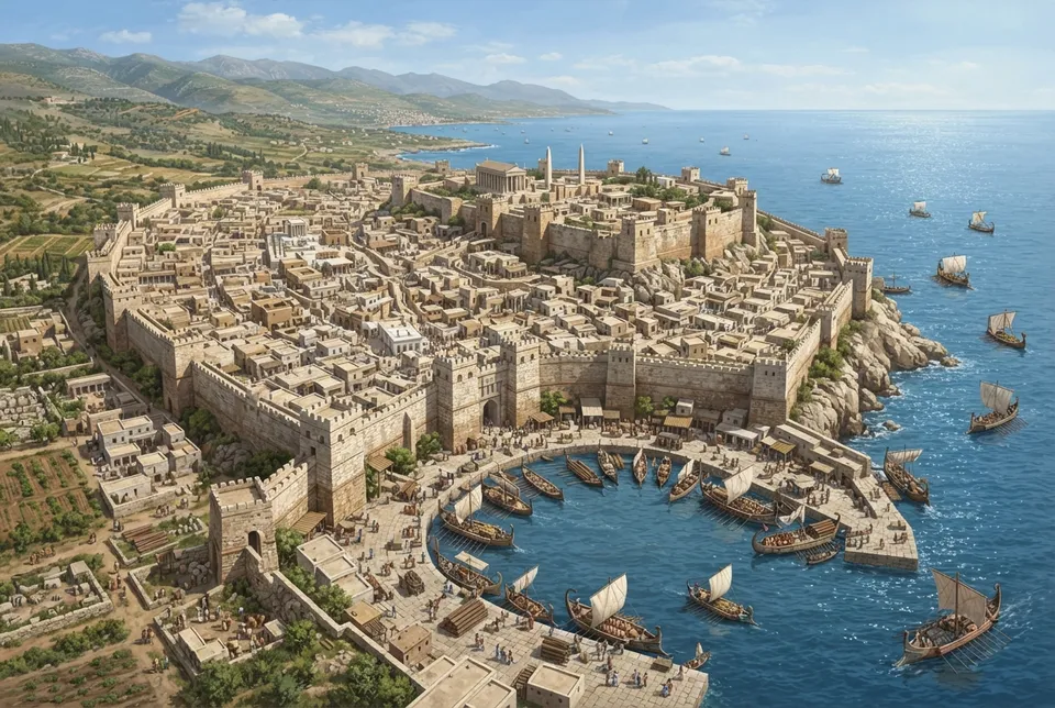 Reconstrucción histórica del plano urbano de Byblos con murallas, torres y puerto marítimo antiguo.