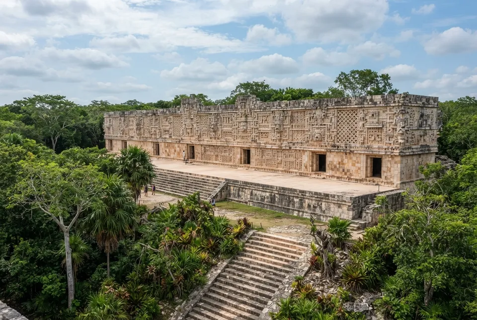 Fachada rica en detalles escultóricos del Palacio del Gobernador en Uxmal.