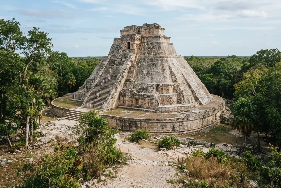 Pirámide del Adivino en Uxmal con su base ovalada característica.