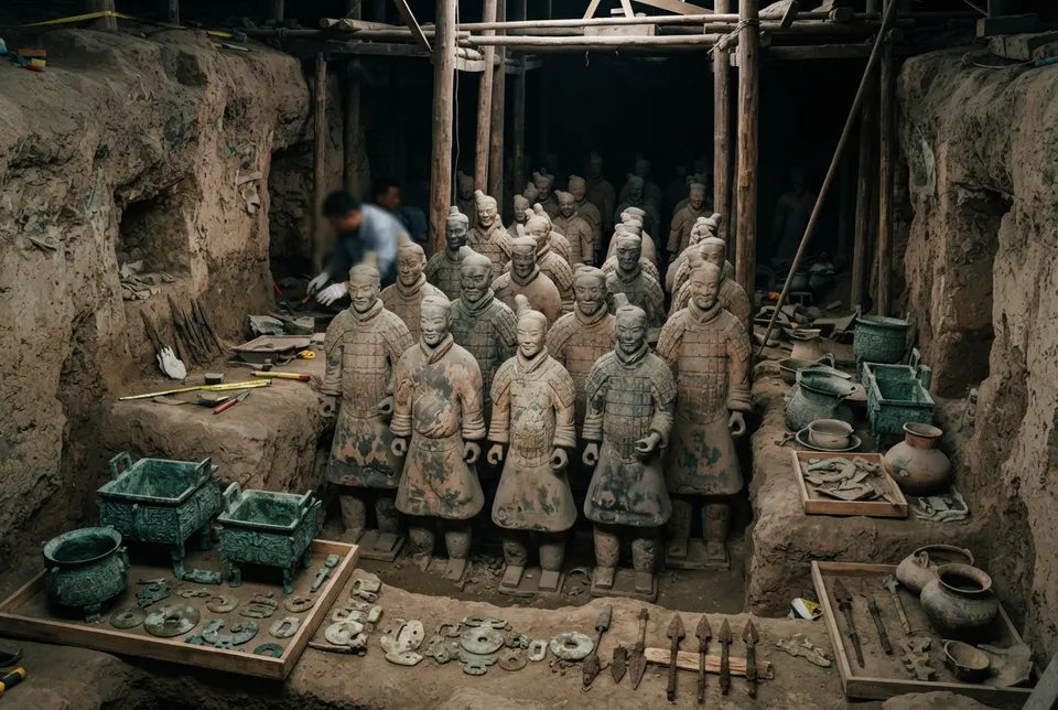 Arte funerario del periodo Qin con esculturas de terracota y objetos de jade y bronce en una tumba antigua