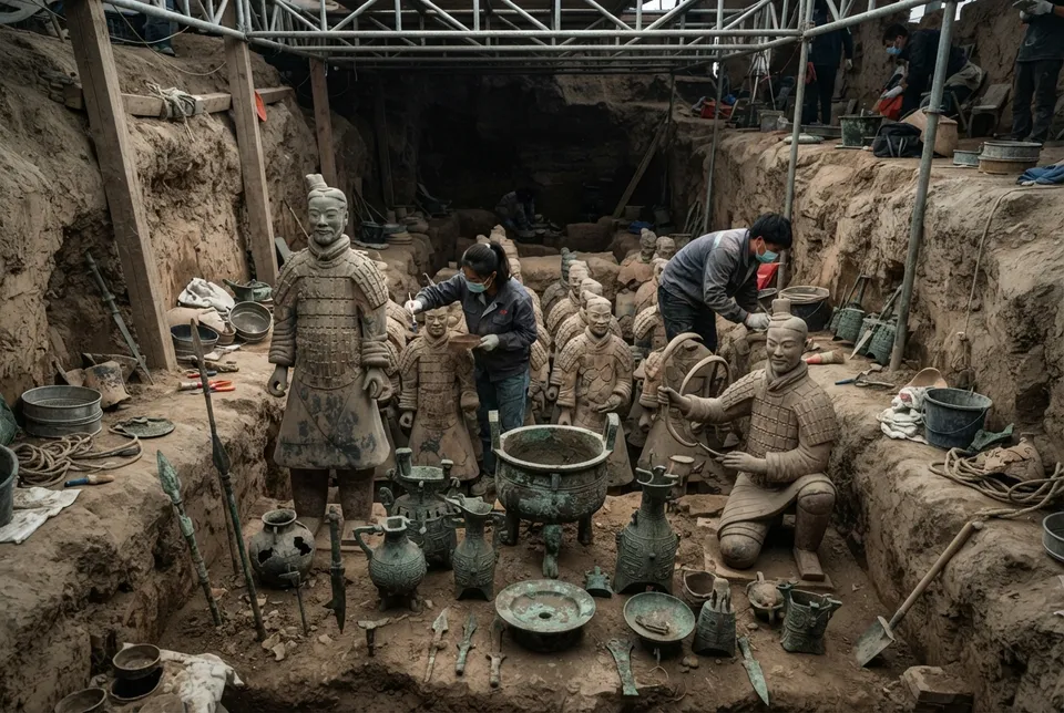 Figuras de terracota y objetos de bronce descubiertos en tumbas de Xianyang, época Qin