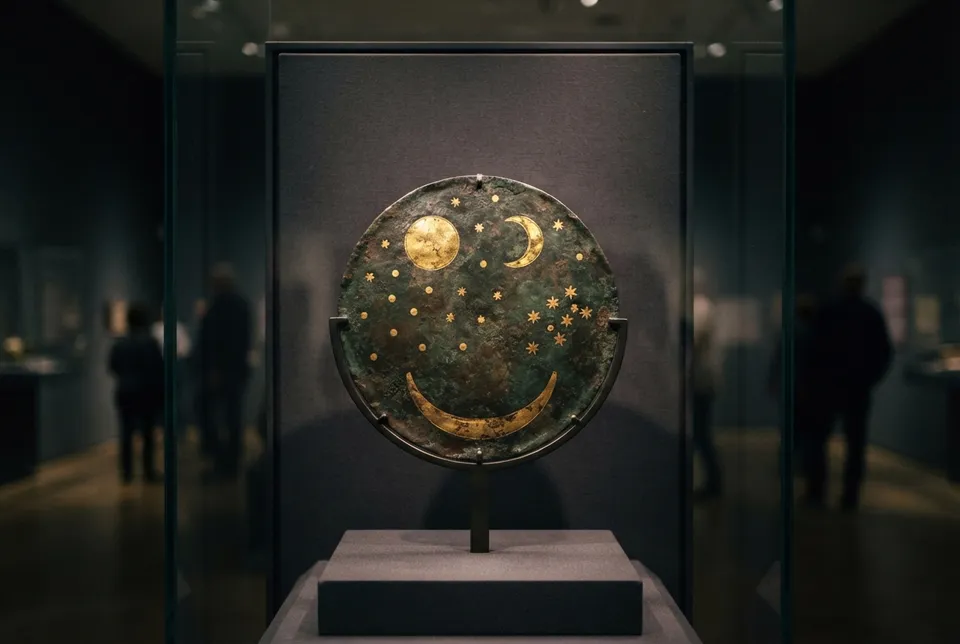 Ilustración detallada del disco de Nebra mostrando símbolos dorados celestes sobre bronce en un museo.