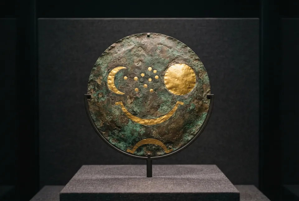 Detalle del disco de Nebra con incrustaciones doradas que representan el sol, la luna y las Pléyades.