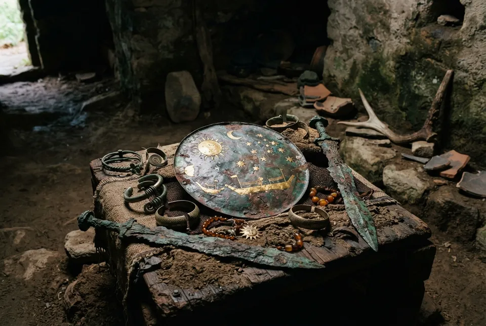 El disco de Nebra junto a otros objetos metálicos hallados en el valle del Unstrut, en contexto arqueológico.