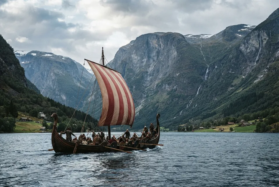 Barco vikingo navegando por un fiordo escandinavo con montañas al fondo en la Edad Media temprana.