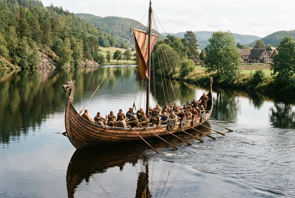 Detalle de un barco vikingo mostrando la construcción clinker y remos en un río.