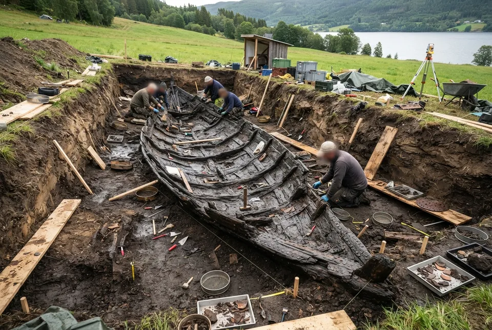 Restos arqueológicos de un barco vikingo excavado en Escandinavia con herramientas y fragmentos de madera.