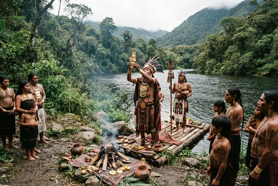 Ilustración histórica de ritual indígena con oro en América del Sur, con selva y río al fondo