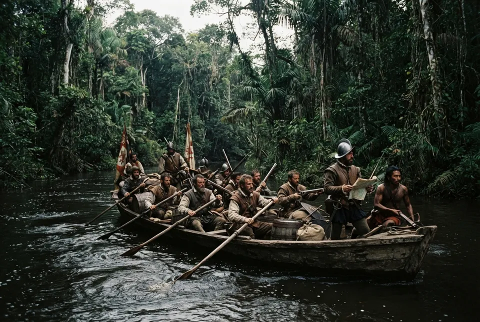 Exploradores españoles del siglo XVI navegando un río en la selva sudamericana