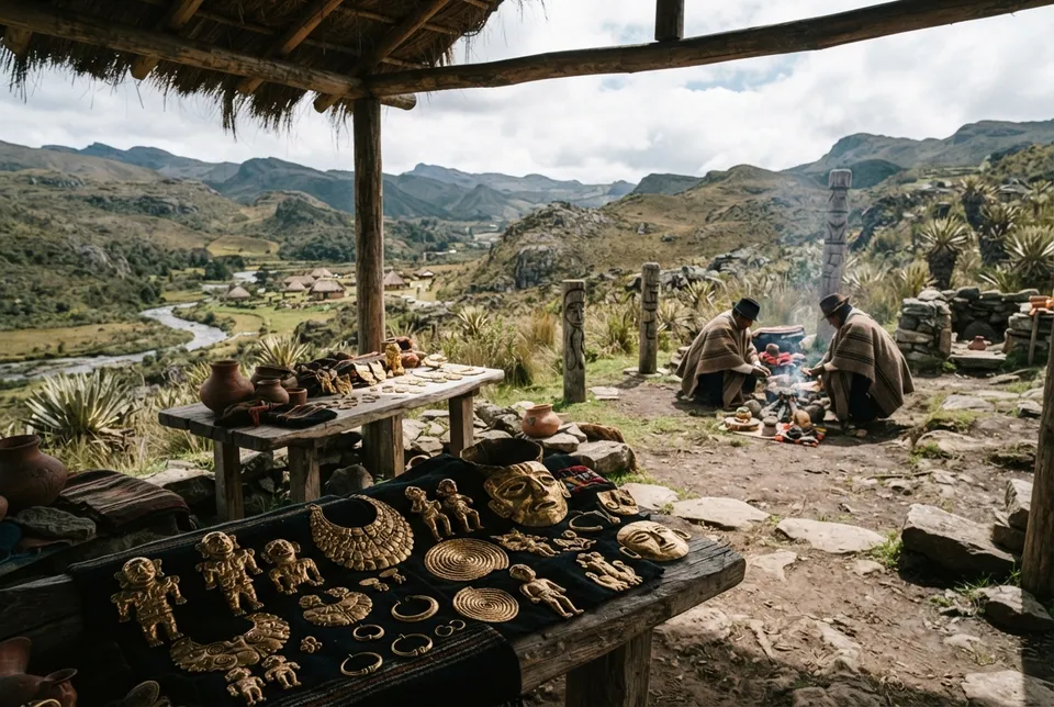 Artefactos de oro muiscas y sitio ceremonial en los Andes colombianos