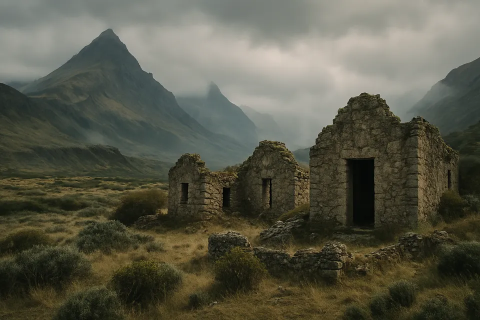 Paisaje patagónico con ruinas antiguas que sugieren misterio histórico sobre el Santo Grial