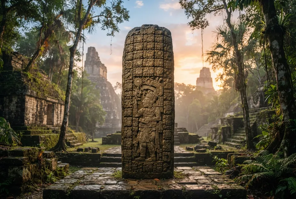 Inscripciones del calendario maya grabadas en piedra con ruinas selváticas de fondo al amanecer.