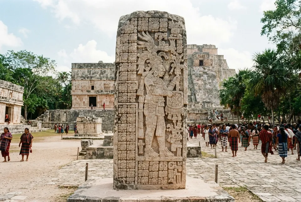 Estela maya con glifos calendáricos y figura de un gobernante, en plaza de ciudad antigua.