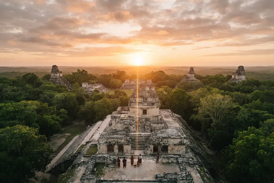 Observatorio maya alineado con el solsticio, rodeado de selva y pirámides.