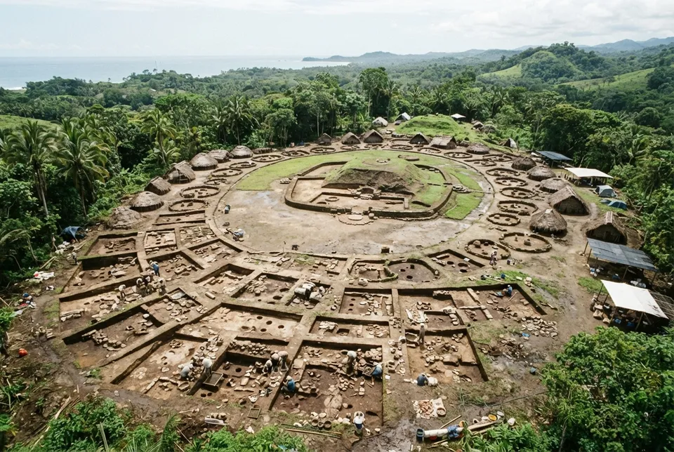 Reconstrucción realista de un centro ceremonial y asentamiento de la cultura Valdivia en la costa de Ecuador.