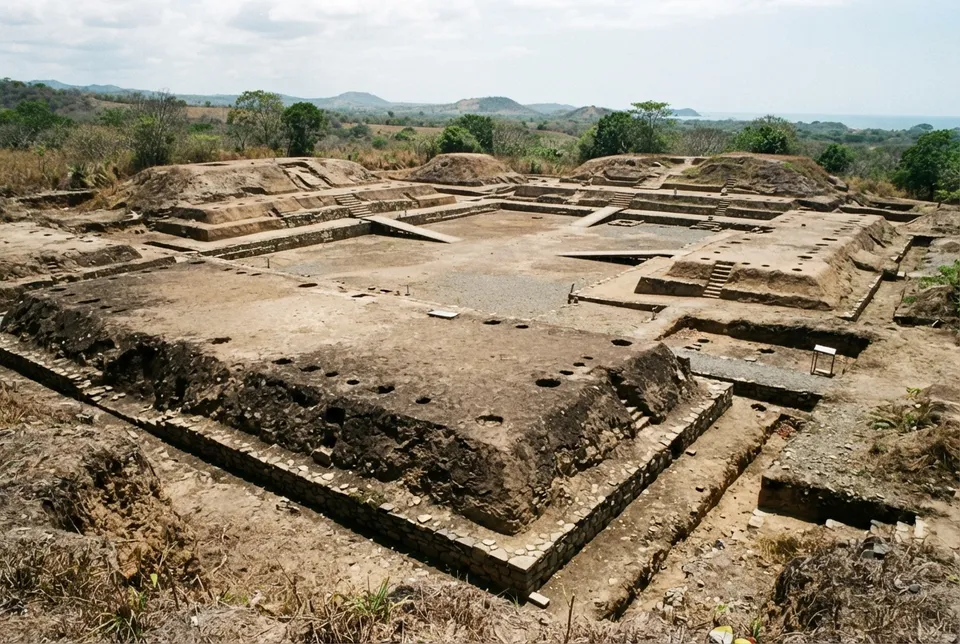 Estructuras arqueológicas de plataformas y plazas de un centro ceremonial Valdivia en Ecuador.