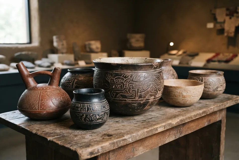 Vasijas de cerámica olmeca con decoraciones simbólicas y técnicas de manufactura del Preclásico medio.