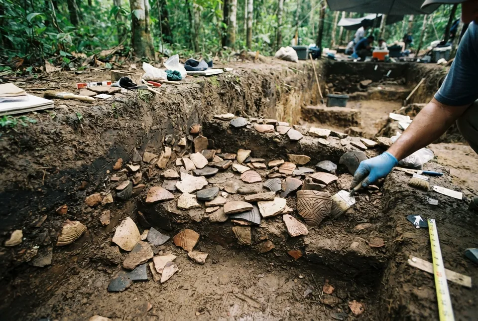Fragmentos de cerámica olmeca en sitio arqueológico de Veracruz o Tabasco.