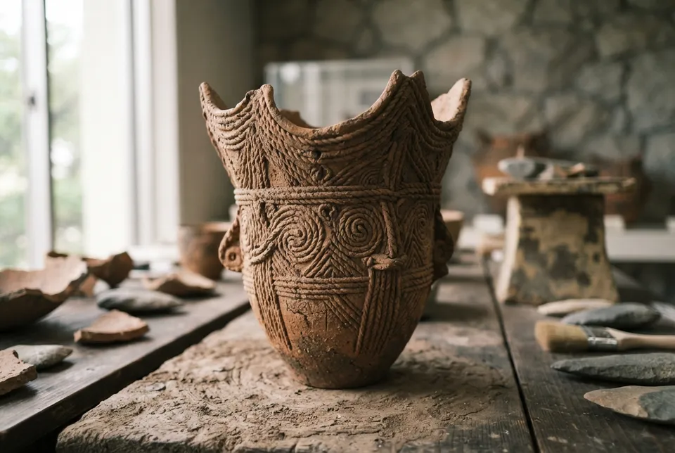 Cerámica Jomon detallada con impresiones de cuerda y decoraciones geométricas.