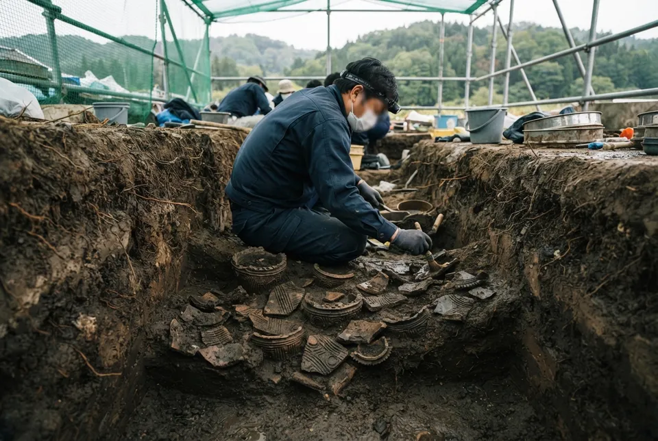 Fragmentos de cerámica Jomon en un sitio arqueológico japonés.