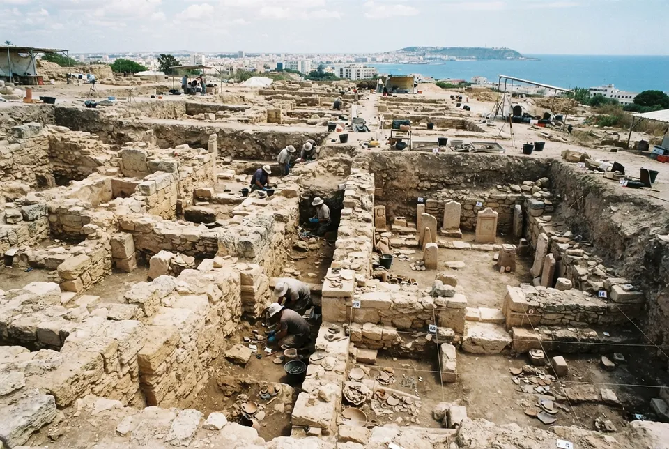 Excavaciones arqueológicas mostrando estructuras urbanas y un santuario cartaginés en Túnez.