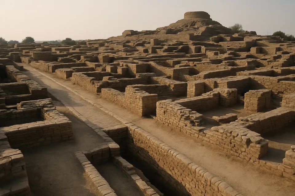 Ruinas de la ciudad antigua de Mohenjo-Daro en Pakistán, mostrando calles y estructuras arqueológicas