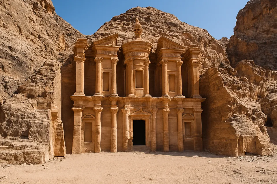 Vista documentada de la ciudad antigua de Petra en Jordania, mostrando su arquitectura tallada en la roca arenisca bajo luz natural.