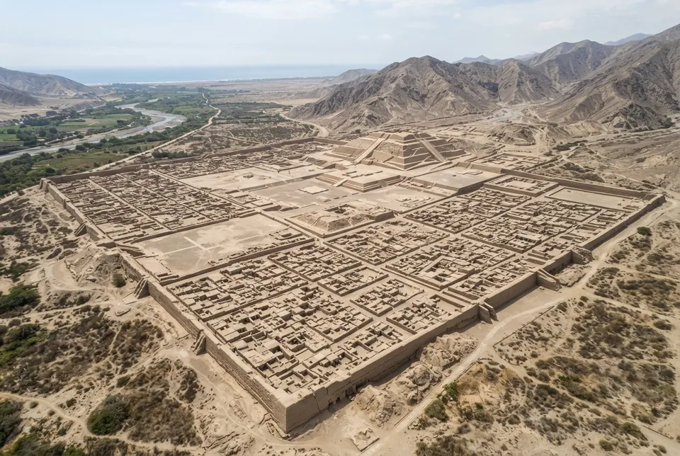 Vista aérea de una ciudad amurallada de la cultura Moche en la costa norte del Perú con murallas y plataformas ceremoniales.
