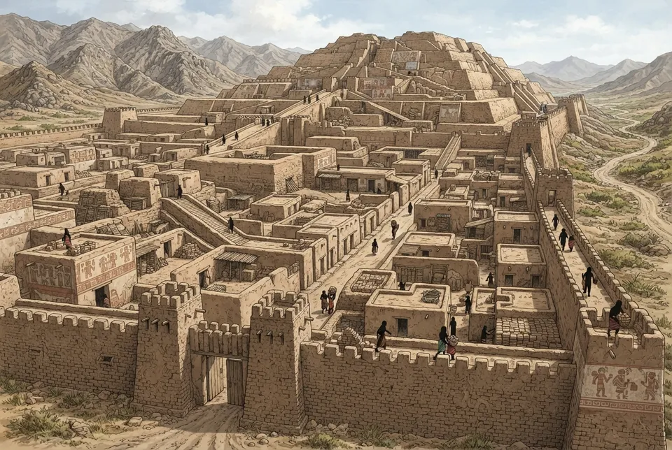 Murallas de adobe y estructuras defensivas en un sitio arqueológico Moche en la costa norte del Perú.
