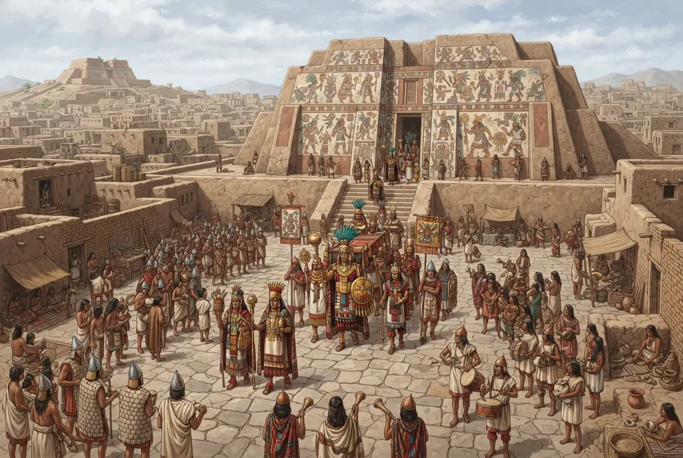 Escena ritual urbana dentro de una ciudad amurallada Moche con templos y plazas ceremoniales.