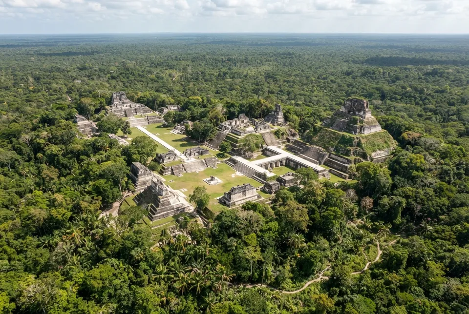 Ruinas aéreas de una ciudad del Imperio Ancestral maya en Guatemala con plazas y plataformas visibles entre la selva.