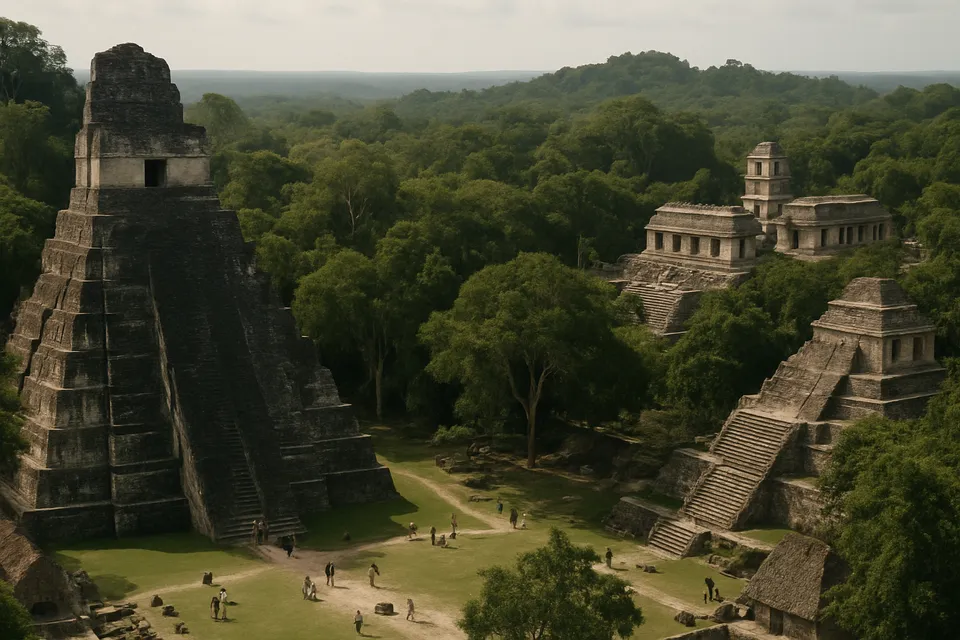 Ruinas antiguas de templos y plazas de las ciudades mayas Tikal y Palenque en medio de la selva