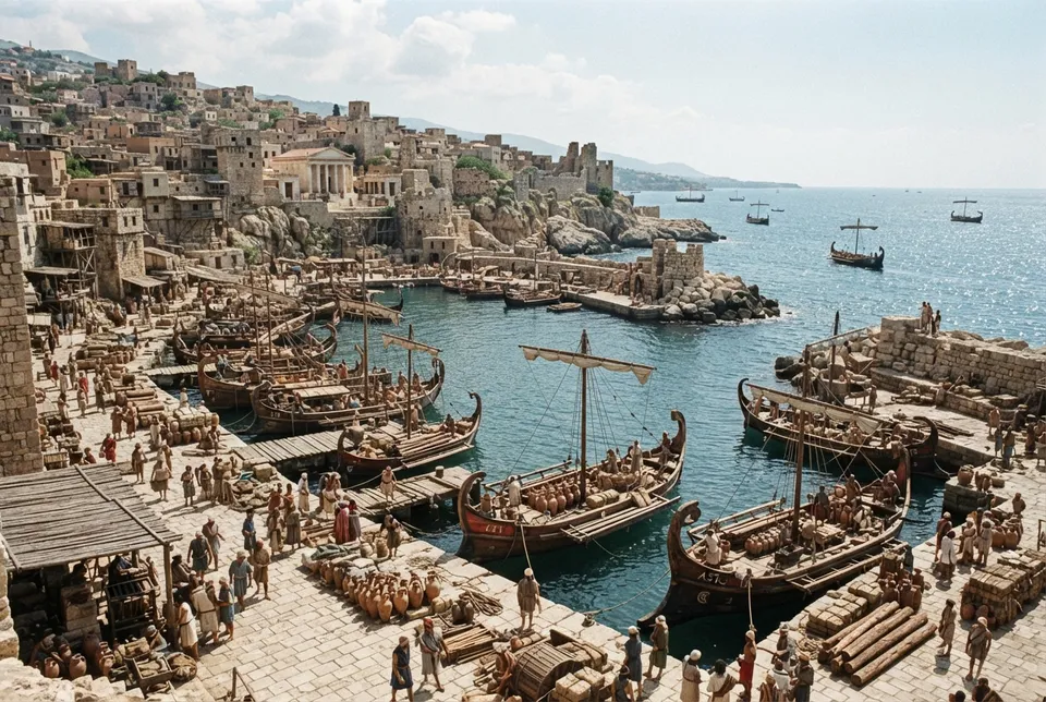 Ciudad portuaria fenicia antigua con puerto, barcos y ruinas en la costa del Mediterráneo