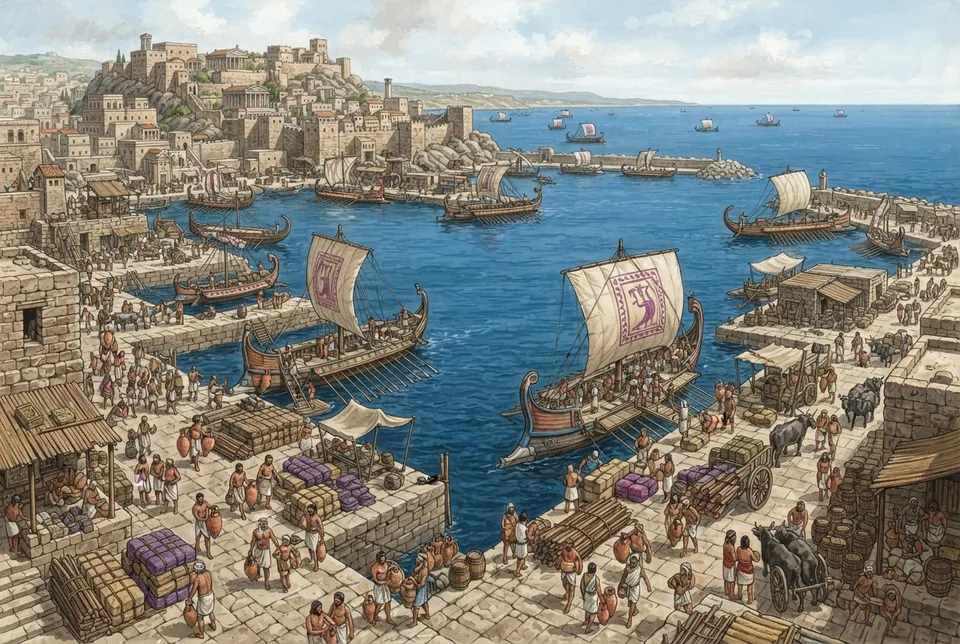 Puerto fenicio antiguo con embarcaciones mercantes y muelles en la Edad del Hierro