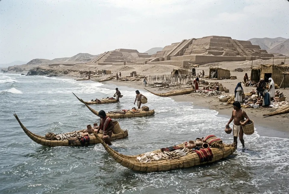 Ilustración histórica realista del comercio marítimo de la cultura Moche en la costa norte del Perú.