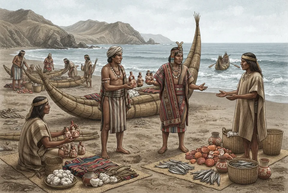 Recreación artística del intercambio comercial marítimo entre la cultura Moche y culturas vecinas en la costa norte peruana.