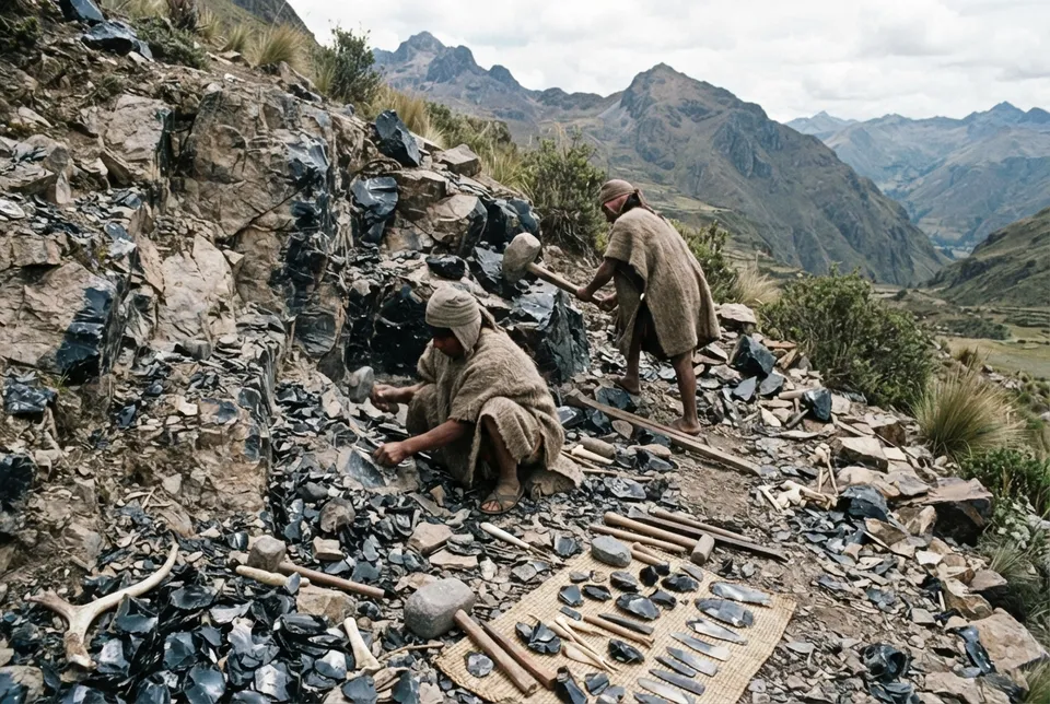 Sitio arqueológico de cantera de obsidiana en los Andes, con herramientas de piedra y rocas volcánicas