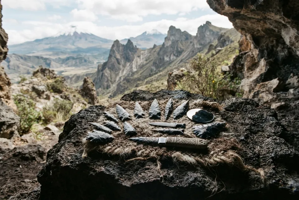 Herramientas de obsidiana pulida de culturas prehistóricas andinas con fondo volcánico