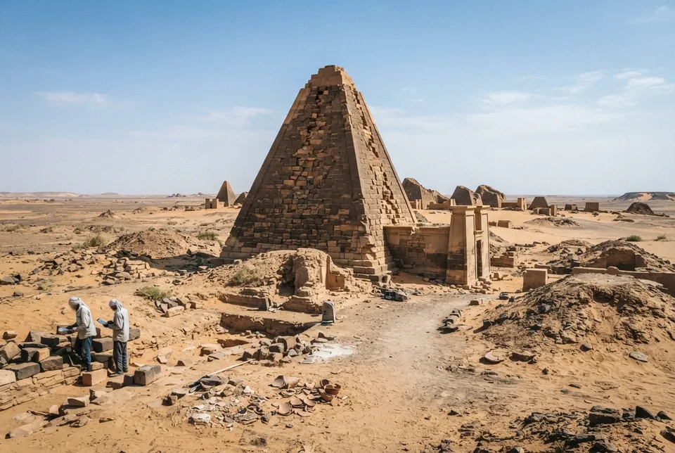 Pirámide nubia con muros inclinados y bloques de piedra en un yacimiento arqueológico en Sudán.