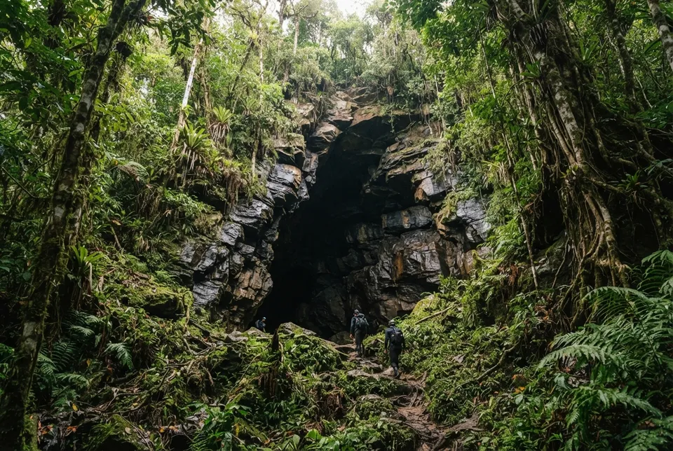 Entrada de la Cueva de los Tayos, con formaciones rocosas y vegetación amazónica en Ecuador.