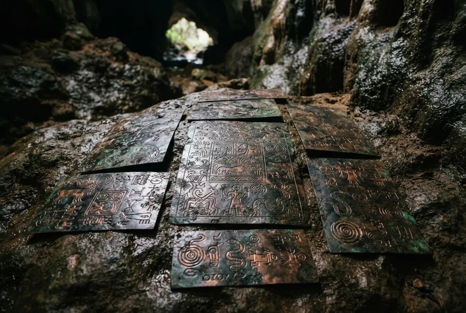 Planchas metálicas con inscripciones antiguas encontradas en la Cueva de los Tayos.